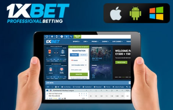 Screenshot of the 1xbet app interface showing live betting and casino sections